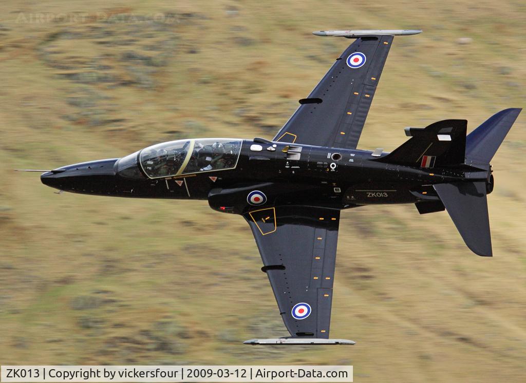 ZK013, 2008 British Aerospace Hawk T2 C/N RT004/1242, Royal Air Force, at the time this and two othere jets were in use for RAF instructor conversion training and based at BAE Warton. Taken at Dunmail Raise, Cumbria.