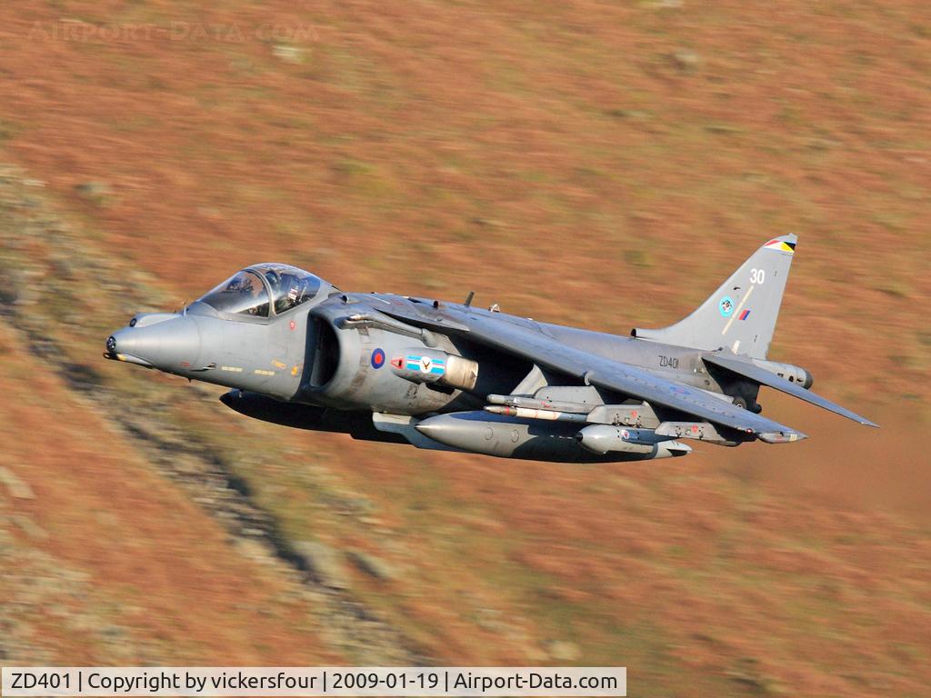 ZD401, 1988 British Aerospace Harrier GR.5 C/N P30, Royal Air Force Harrier GR9 operated by 20 (R) Squadron and coded '30'. Taken at Dunmail Raise, Cumbria.