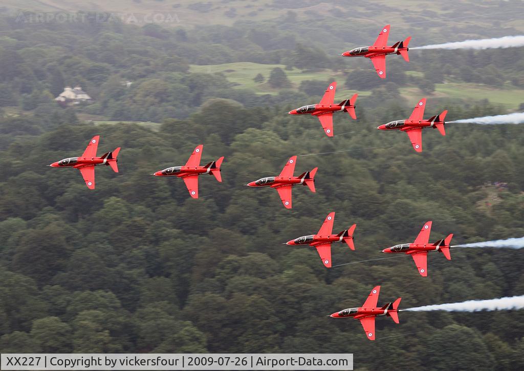 XX227, 1978 Hawker Siddeley Hawk T.1A C/N 063/312063, Royal Air Force, operated by the 'Red Arrows'. The lead aircraft in the 'Concorde' formation is XX227. Windermere Air Show 2009.