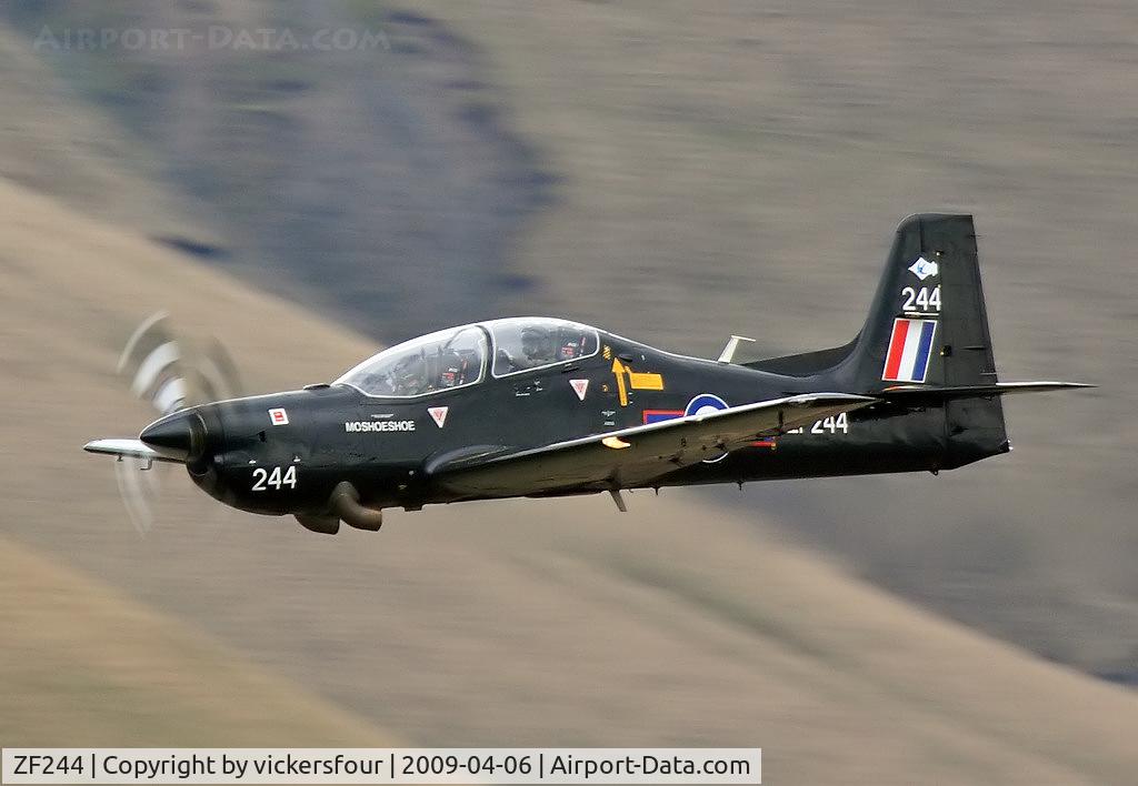 ZF244, 1990 Short S-312 Tucano T1 C/N S050/T45, Royal Air Force, operated by 72 (R) Squadron, named 'Moshoeshoe'. Taken in the M6 Pass, Cumbria.