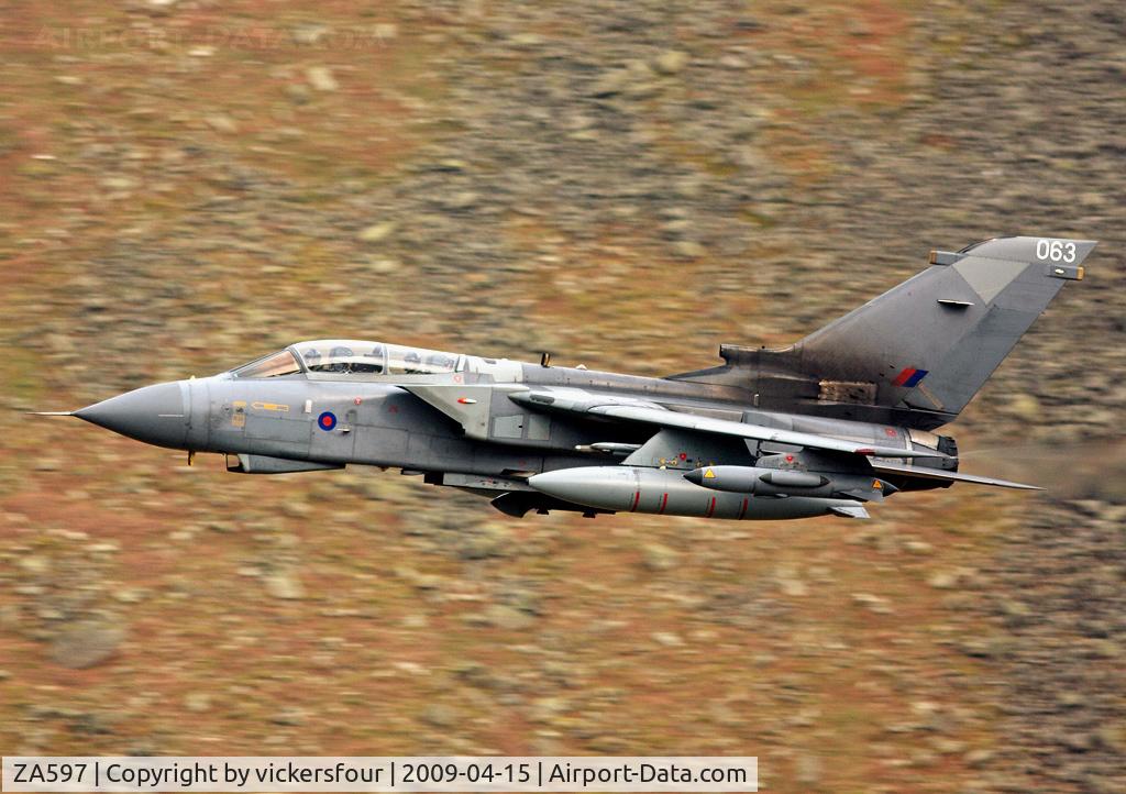 ZA597, 1982 Panavia Tornado GR.4 C/N 116/BS038/3061, Royal Air Force Tornado GR4 (c/n BS038) operated by the Marham Wing, coded '063'. Taken at Dunmail Raise, Cumbria.