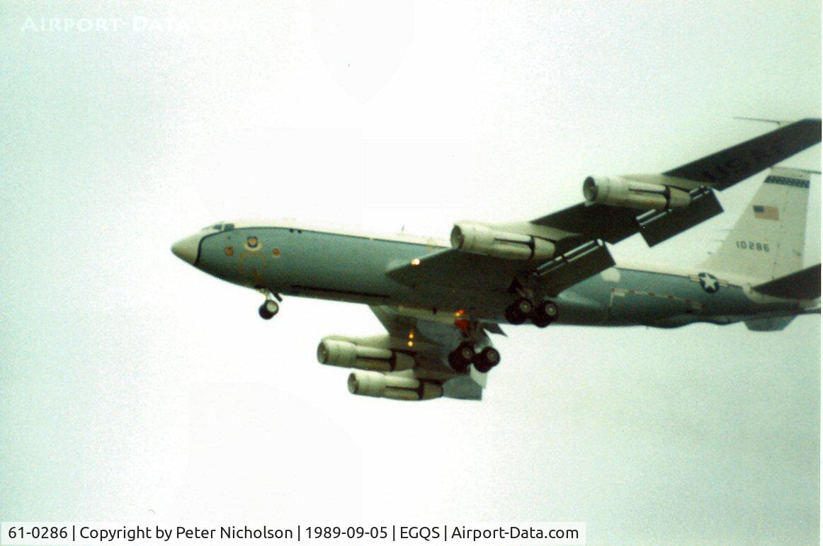 61-0286, 1961 Boeing EC-135H Stratotanker C/N 18193, Practice approach to Lossiemouth by this EC-135H of 10th ACCS in September 1989.