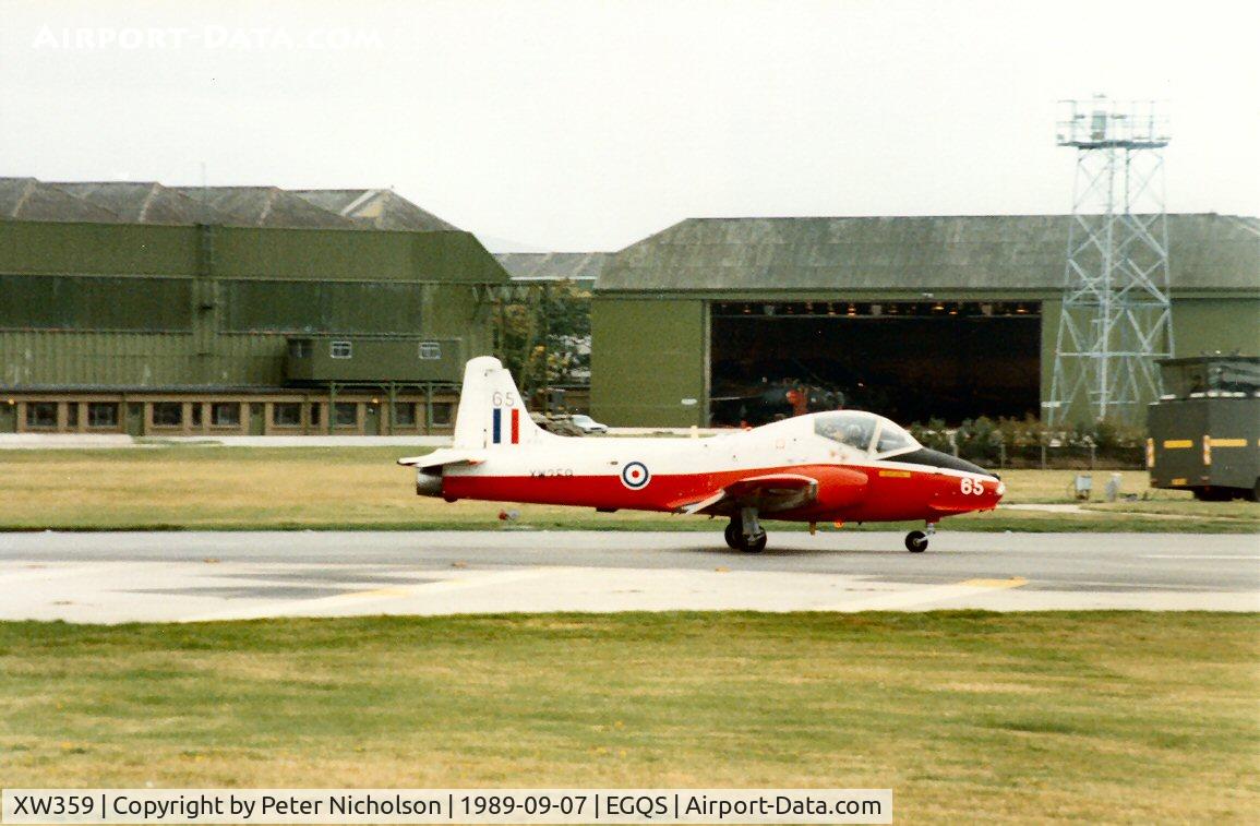 XW359, 1970 BAC 84 Jet Provost T.5A C/N EEP/JP/1009, Jet Provost T.5A of 1 Flying Training School joining the active runway at Lossiemouth in September 1989.