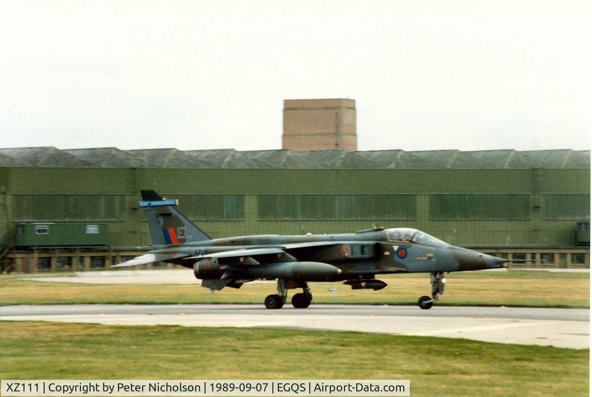 XZ111, 1976 Sepecat Jaguar GR.1A C/N S.112, Jaguar GR.1A of 6 Squadron at RAF Coltishall taxying to the active runway at Lossiemouth in September 1989.