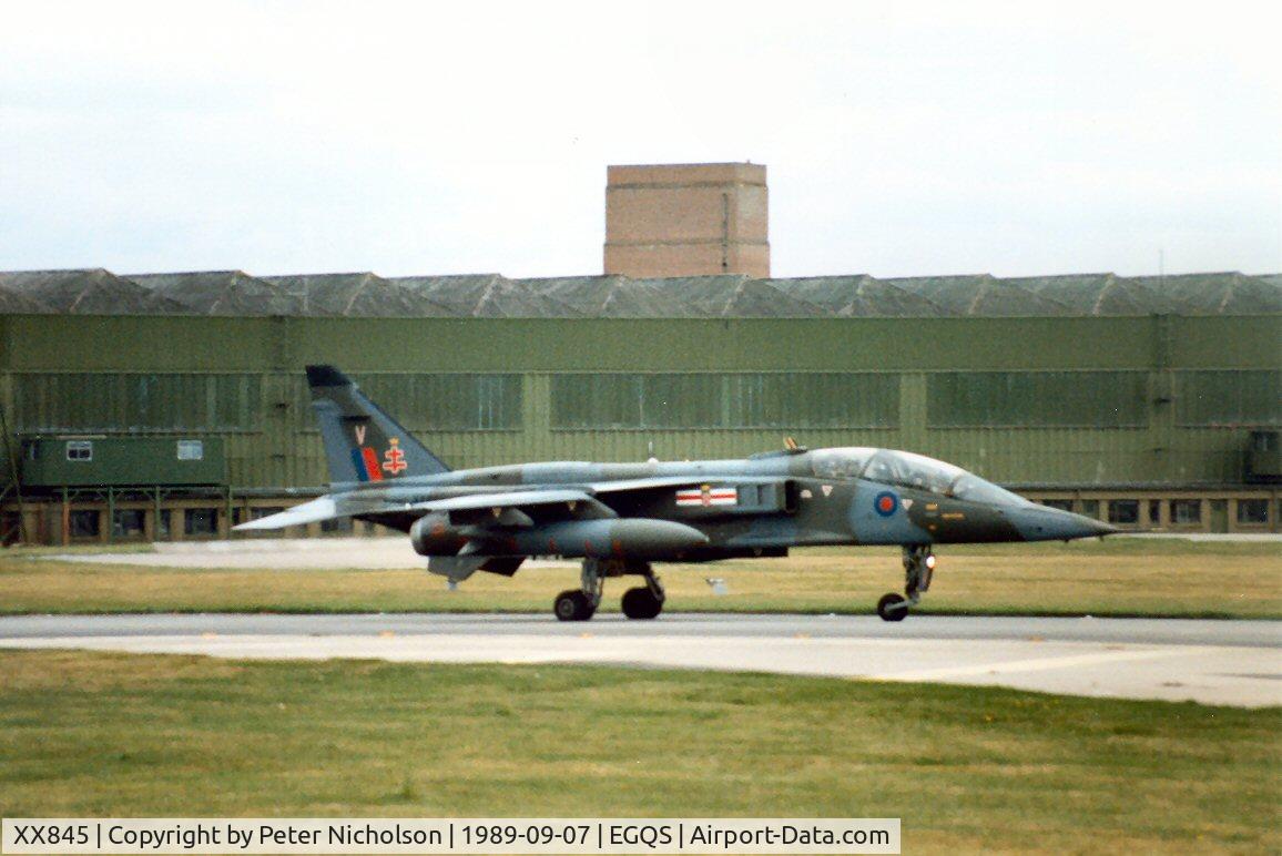 XX845, 1975 Sepecat Jaguar T.2 C/N B.33, Jaguar T.2A of 41 Squadron at RAF Coltishall taxying to the active runway at Lossiemouth in September 1989.