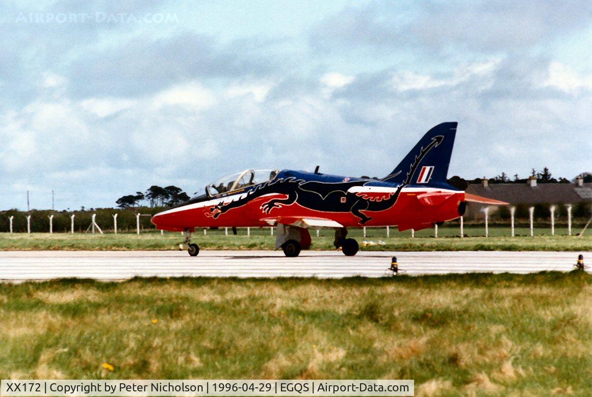 XX172, 1977 Hawker Siddeley Hawk T.1 C/N 019/312019, St. Athan Station Flight's Hawk T.1, adorned with the Welsh dragon, ready for departure at Lossiemouth in April 1996