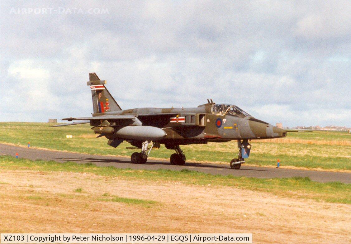XZ103, 1976 Sepecat Jaguar GR.1A C/N S.104, Jaguar GR.1A of 41 Squadron at RAF Coltishall holding for clearance to the active runway at Lossiemouth in April 1996.
