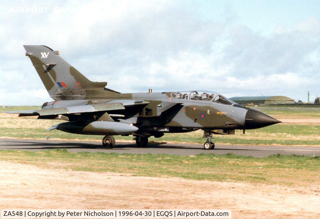 ZA548, 1981 Panavia Tornado GR.1 C/N 061/BT016/3032, Tornado GR.1 of 15[R] Squadron holding for clearance to the active runway at Lossiemouth in April 1996.