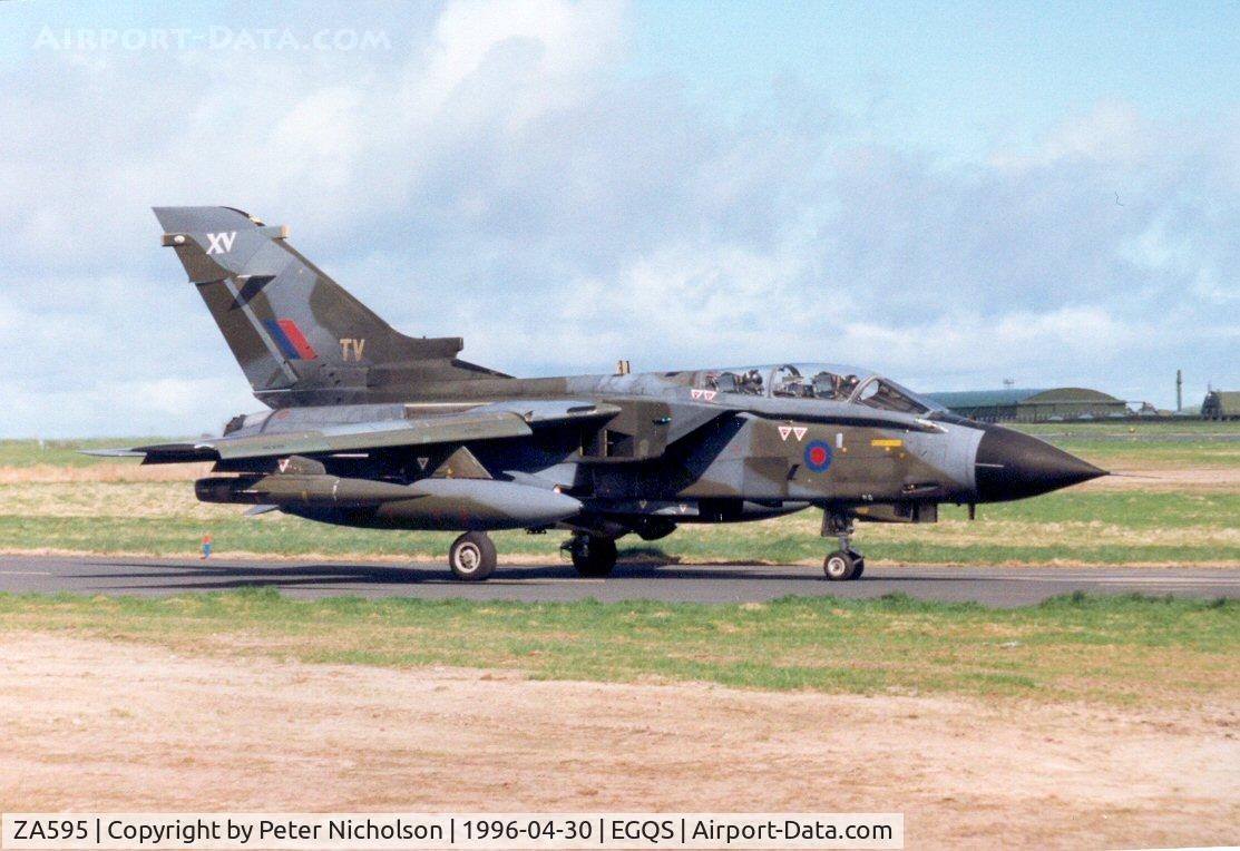 ZA595, 1982 Panavia Tornado GR.1 C/N 112/BT023/3059, Tornado GR.1 of 15[R] Squadron taxying to the active runway at Lossiemouth in April 1996.
