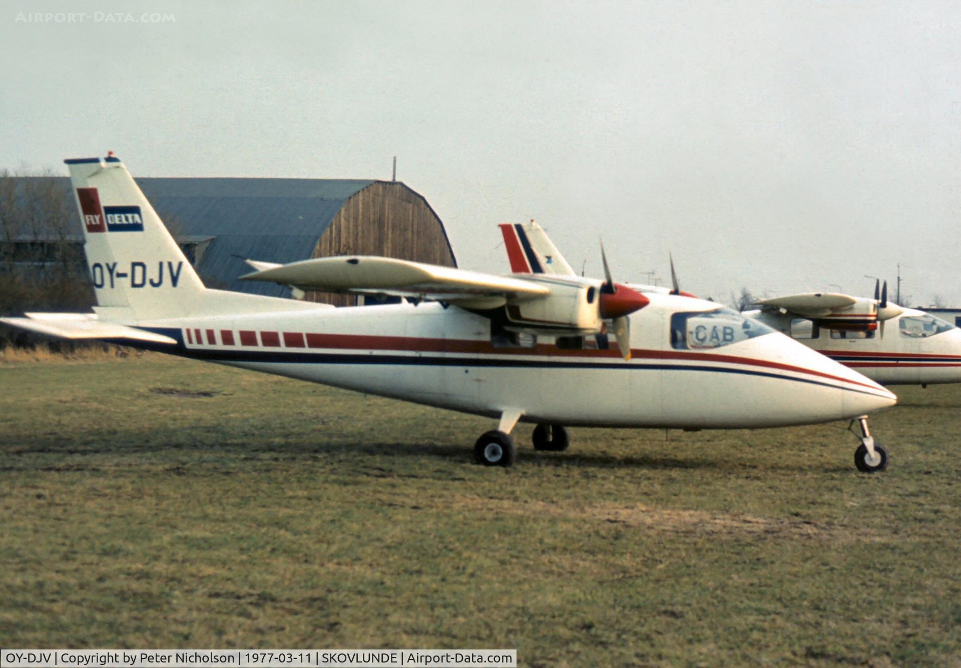 OY-DJV, 1974 Partenavia P-68B C/N 22, Partenavia Victor seen at Skovlunde in March 1977 - the airport closed after 1980.