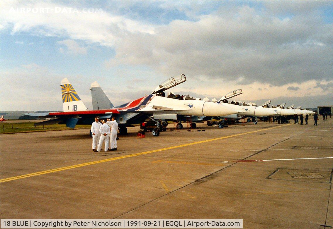 18 BLUE, Sukhoi Su-27UB C/N 96310413030, Flanker C of the Russian Knights aerobatic display team at the 1991 RAF Leuchars Airshow.