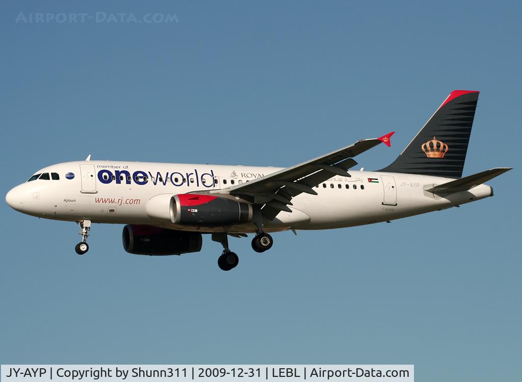JY-AYP, 2009 Airbus A319-132 C/N 3832, Landing rwy 25R in 'One World' c/s
