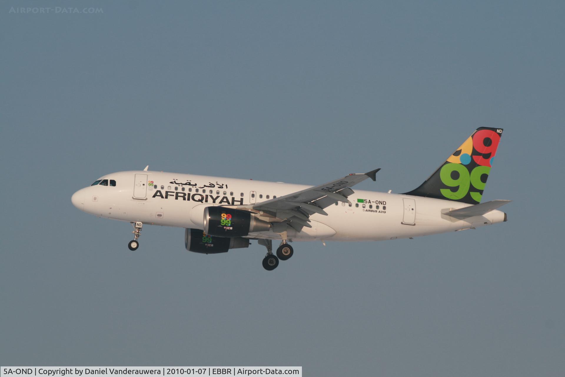 5A-OND, 2008 Airbus A319-111 C/N 3657, Arrival of flight 8U 924 to RWY 25L