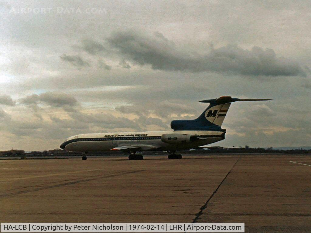HA-LCB, 1973 Tupolev Tu-154B-2 C/N 73A046, Tu-154B-2 Careless of Malev-Hungarian Airlines taxying at Heathrow in February 1974.