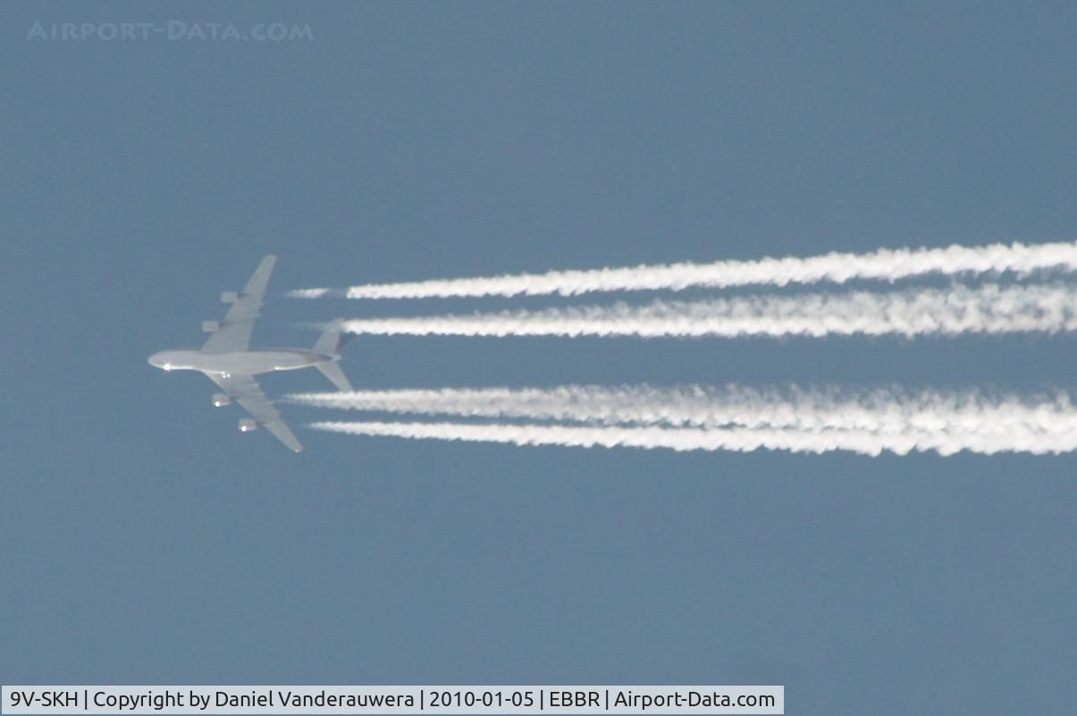 9V-SKH, 2008 Airbus A380-841 C/N 021, SQ308 flying over BRU en route to LHR