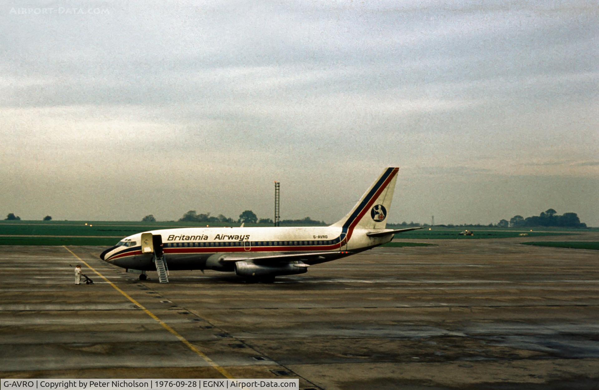 G-AVRO, 1969 Boeing 737-204 C/N 19712, Boeing 737-204 of Britannia Airways at East Midlands Airport in September 1976.