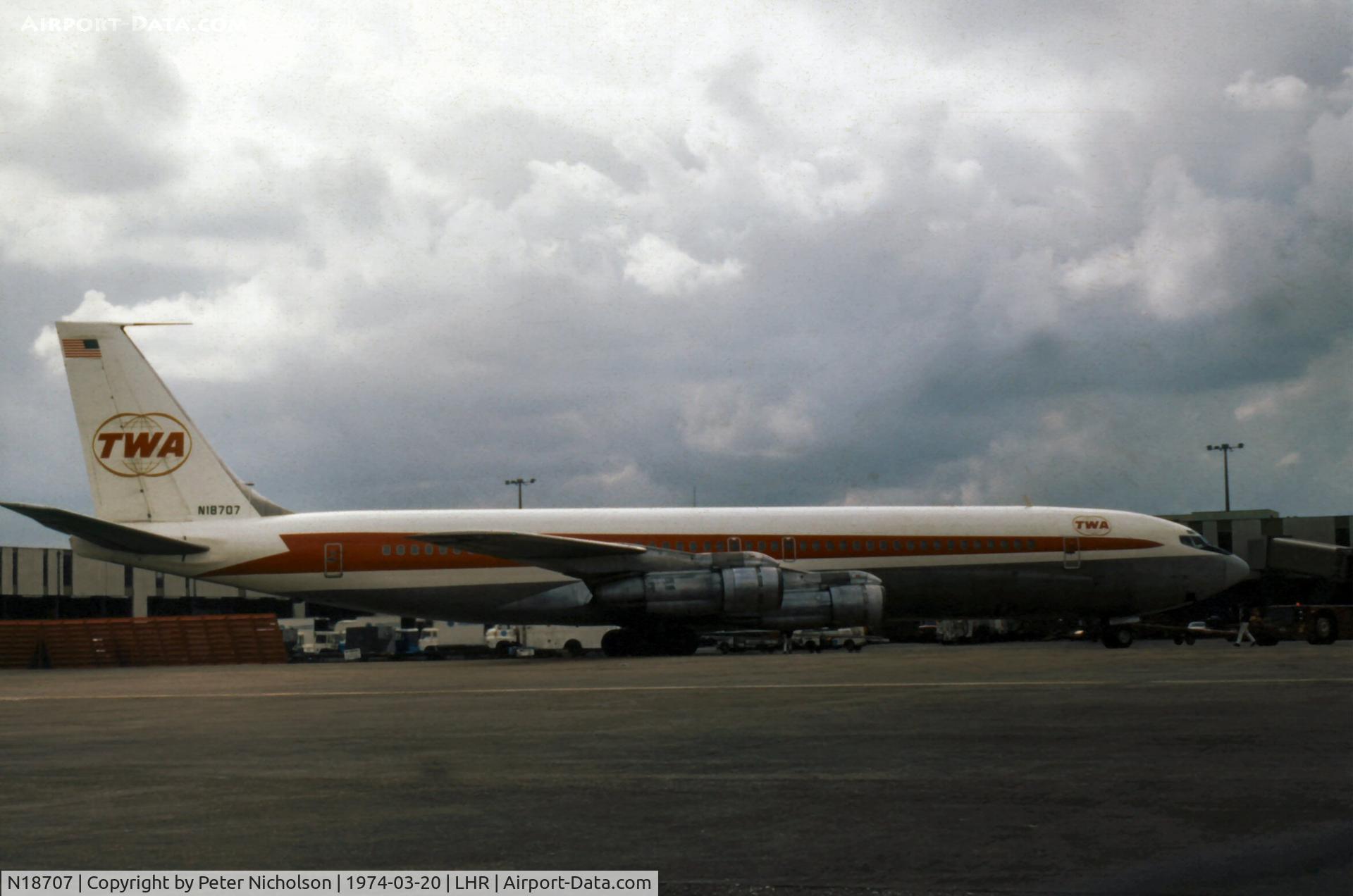 N18707, Boeing 707-331B C/N 18983, Boeing 707-331B of Trans-World Airlines at Heathrow in March 1974.
