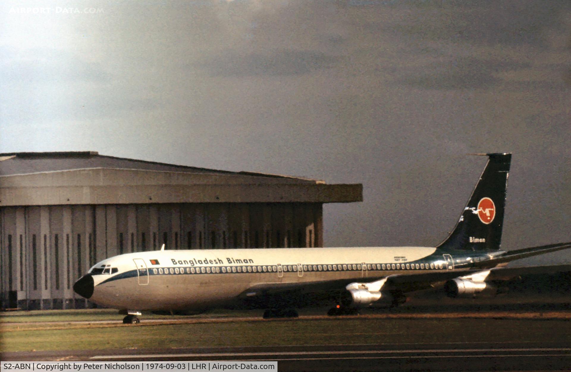 S2-ABN, 1966 Boeing 707-351C C/N 19168, Boeing 707-351C of Bangladesh Biman at Heathrow in September 1974.