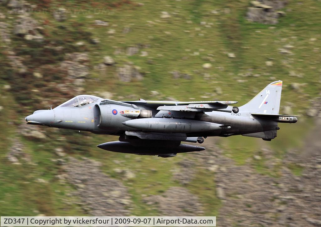 ZD347, 1988 British Aerospace Harrier GR.9 C/N P14, Royal Air Force Harrier GR9. Operated by 4 Squadron, coded '14'. Dunmail Raise, Cumbria.