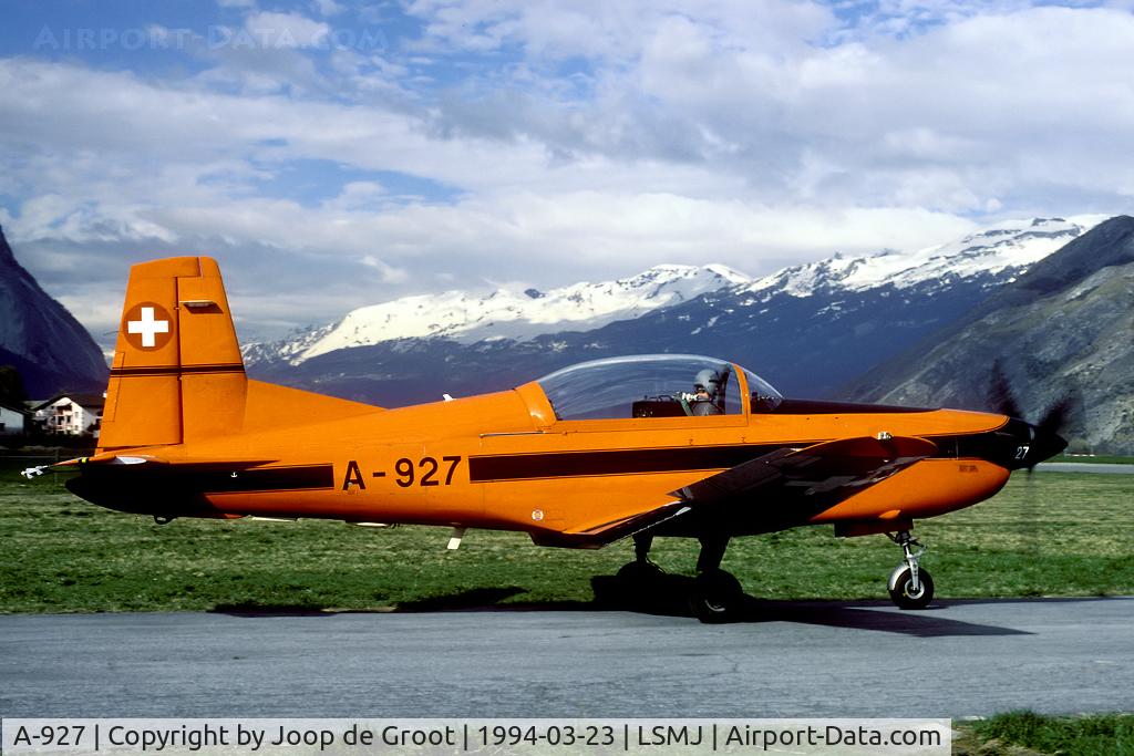 A-927, 1983 Pilatus PC-7 Turbo Trainer C/N 335, Turtmann was a very nicely situated airbase in the heart of the Alps. This PC-7 was seen during the 1997 Wiederholungskurs.