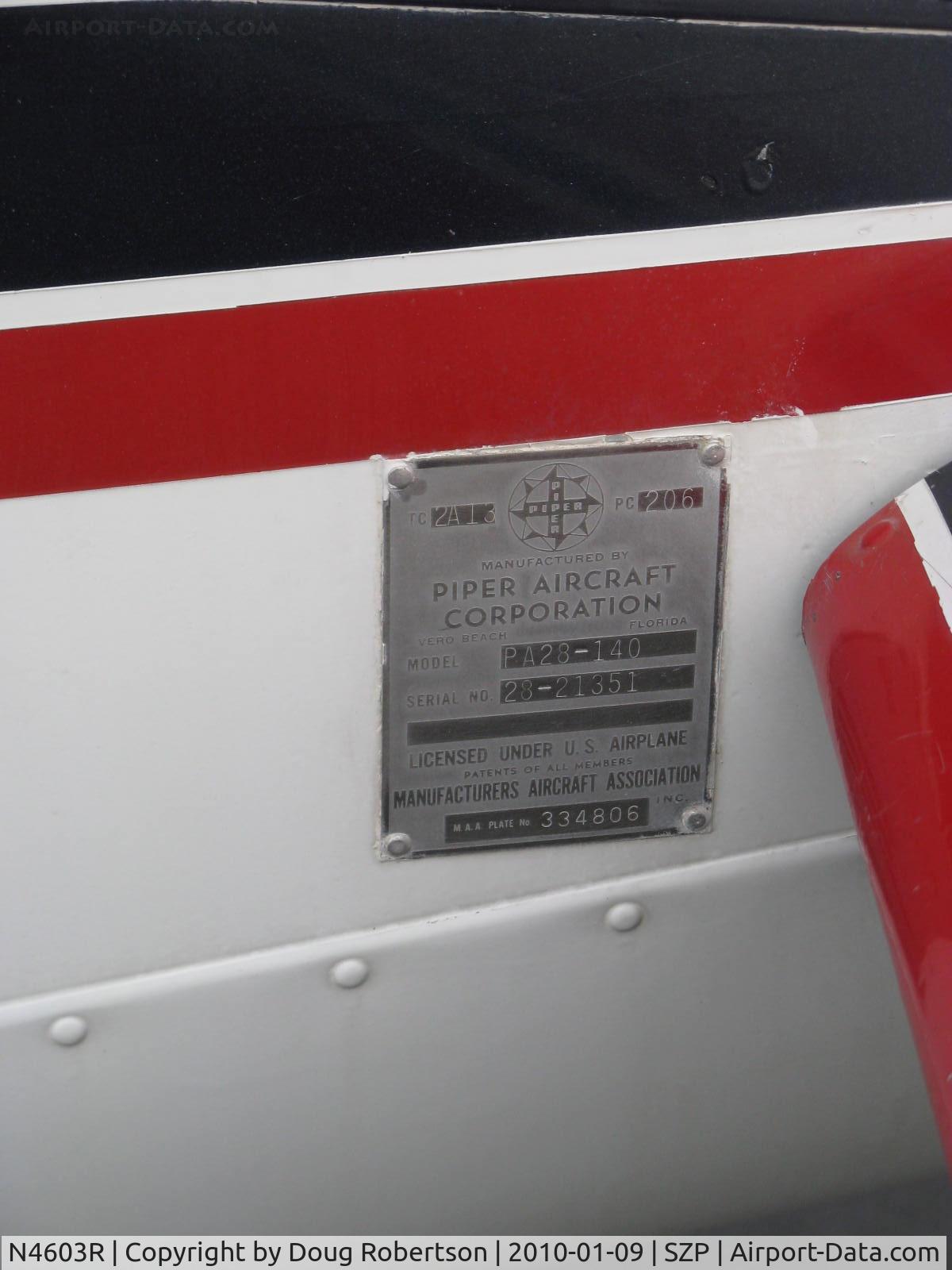 N4603R, 1965 Piper PA-28-140 Cherokee C/N 28-21351, 1965 Piper PA-28-140 CHEROKEE, Lycoming O-320-E2A 150 Hp, factory data plate