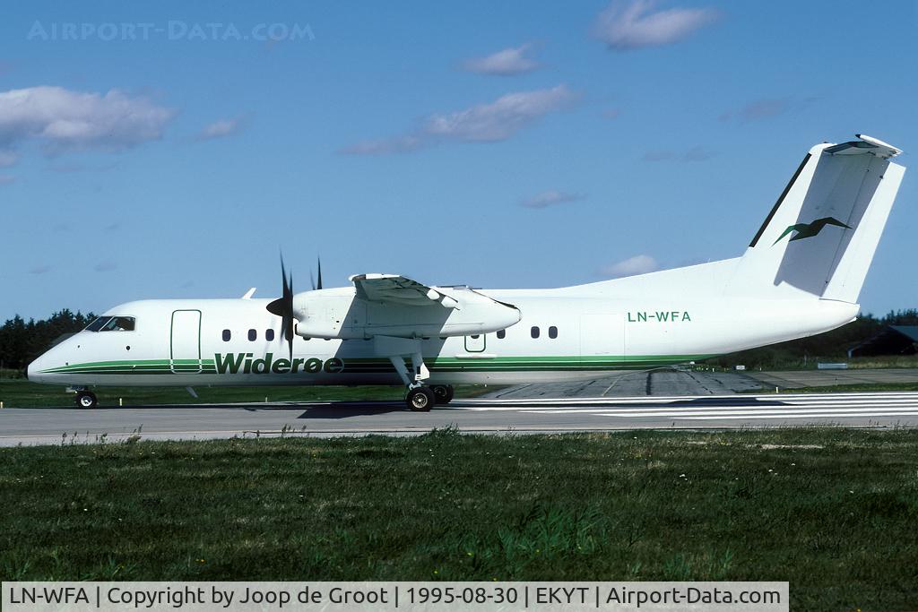 LN-WFA, 1992 De Havilland Canada DHC-8-311 Dash 8 C/N 342, During all military activities of the Tactical Fighter Weaponry the civilian flights went on as planned. Wideroe is ready for departure.