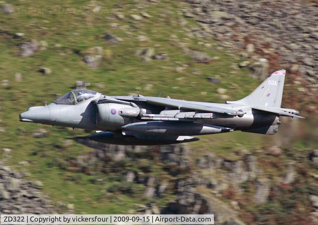 ZD322, British Aerospace Harrier GR.7 C/N 512072/P3, Royal Air Force Harrier GR9A (c/n 512072/P3). Operated by 1 Squadron coded '03A'. Dunmail Raise, Cumbria.