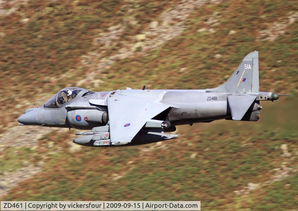 ZD461, 1989 British Aerospace Harrier GR.7 C/N P51, Royal Air Force Harrier GR9A (c/n P51). Operated by 1 Squadron but without unit markings and coded '51A'. Dunmail Raise, Cumbria.