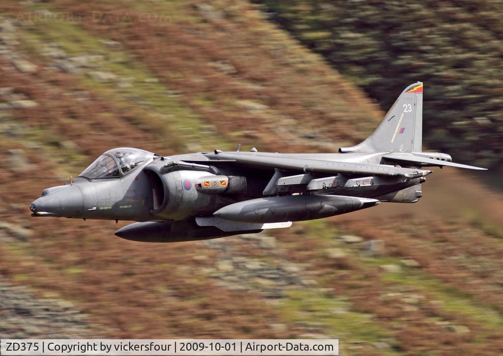 ZD375, 1988 British Aerospace Harrier GR.7 C/N P23, Royal Air Force Harrier GR9 (c/n P23). Operated by 4 Squadron, coded '23'. Dunmail Raise, Cumbria.