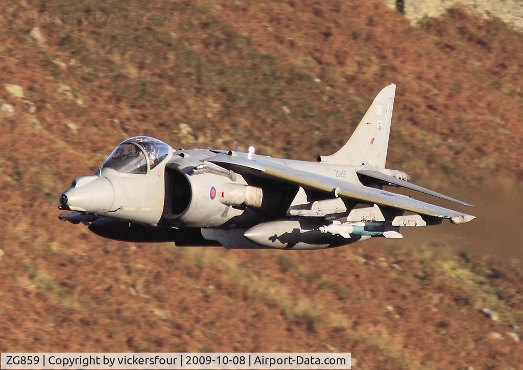 ZG859, British Aerospace Harrier GR.7 C/N P91, Royal Air Force Harrier GR9. Operated by 1 Squadron, coded '91'. Carrying two dummy Paveway. Dunmail Raise, Cumbria.
