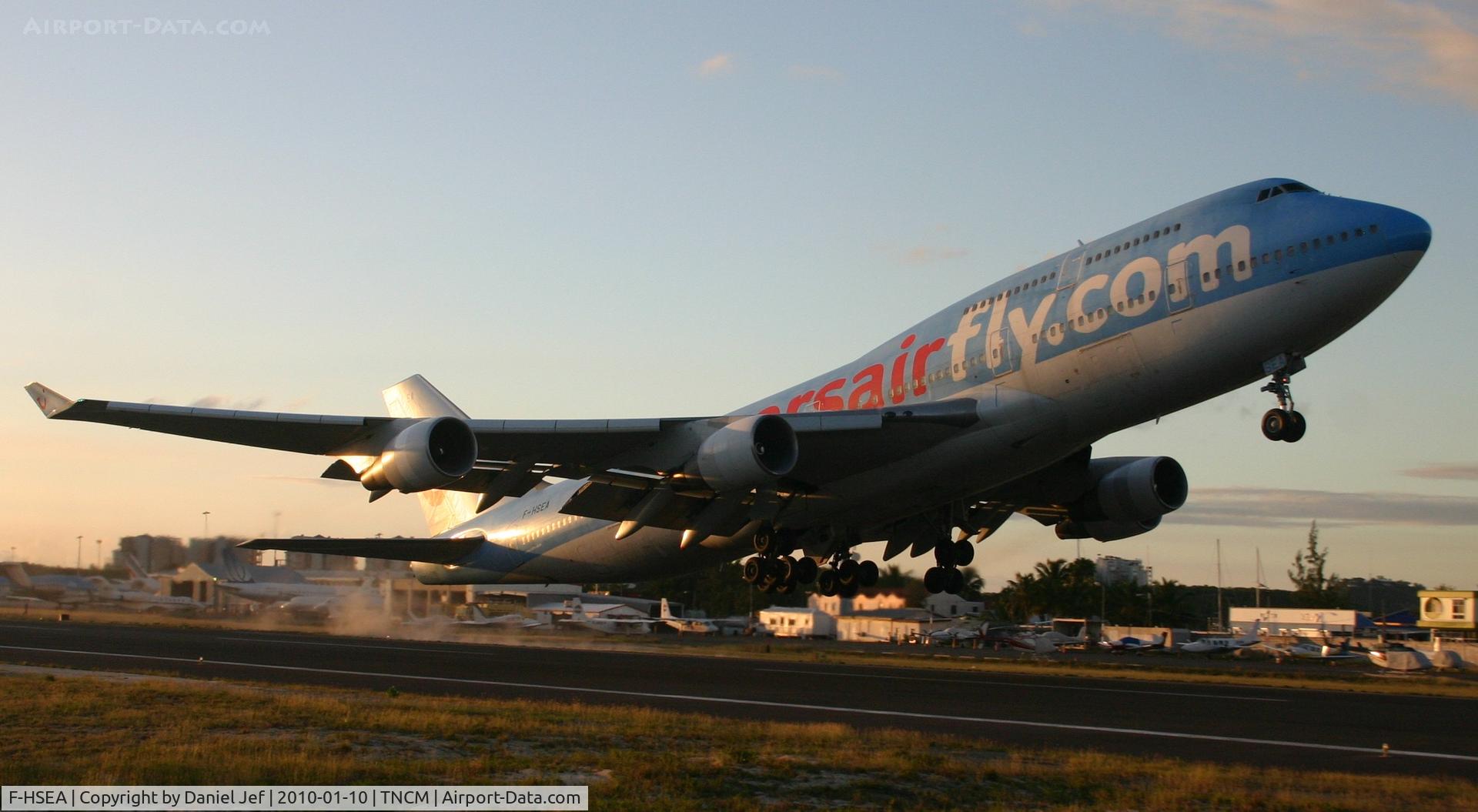 F-HSEA, 1992 Boeing 747-422 C/N 26877, Corsair 747-400 F-HSEA departing TNCM