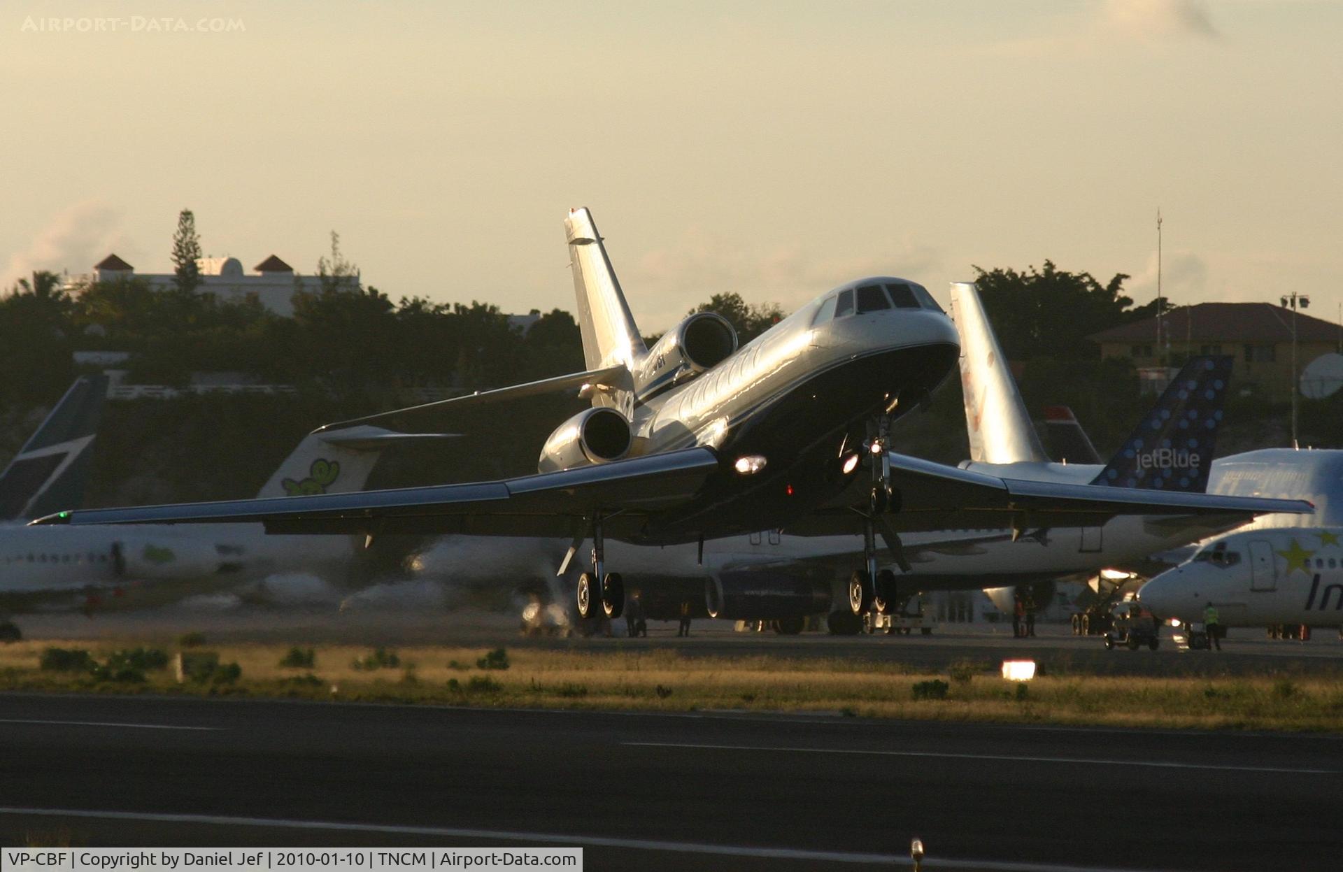 VP-CBF, Dassault Falcon 50E C/N 311, VP-CBF departing TNCM late afternoon