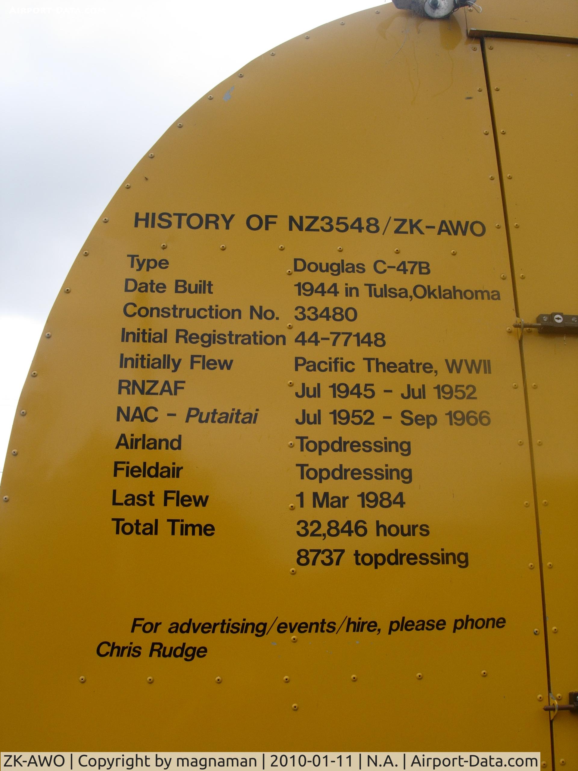 ZK-AWO, 1945 Douglas DC-3 (C-47B-35-DK) C/N 33480, Intersting history detailed on rear of cockpit section