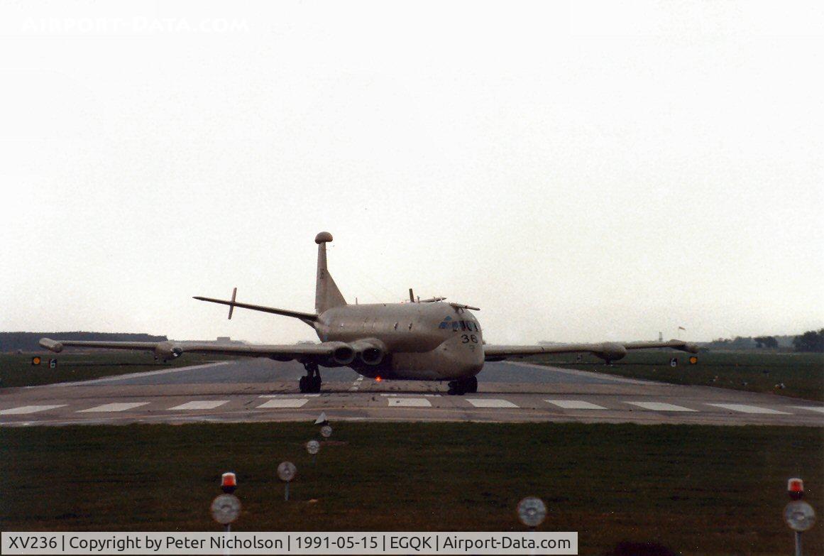 XV236, Hawker Siddeley Nimrod MR.2 C/N 8011, Nimrod MR.2 of the Kinloss Maritime Wing leaving the active runway at Kinloss in May 1991.
