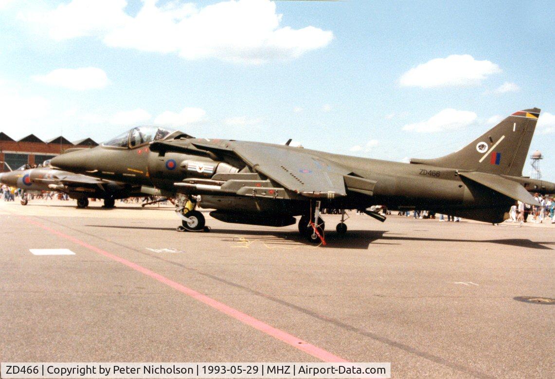 ZD466, 1989 British Aerospace Harrier GR.7 C/N P56, Harrier GR.7 of 20[R] Squadron based at RAF Wittering on display at the 1993 Mildenhall Air Fete.