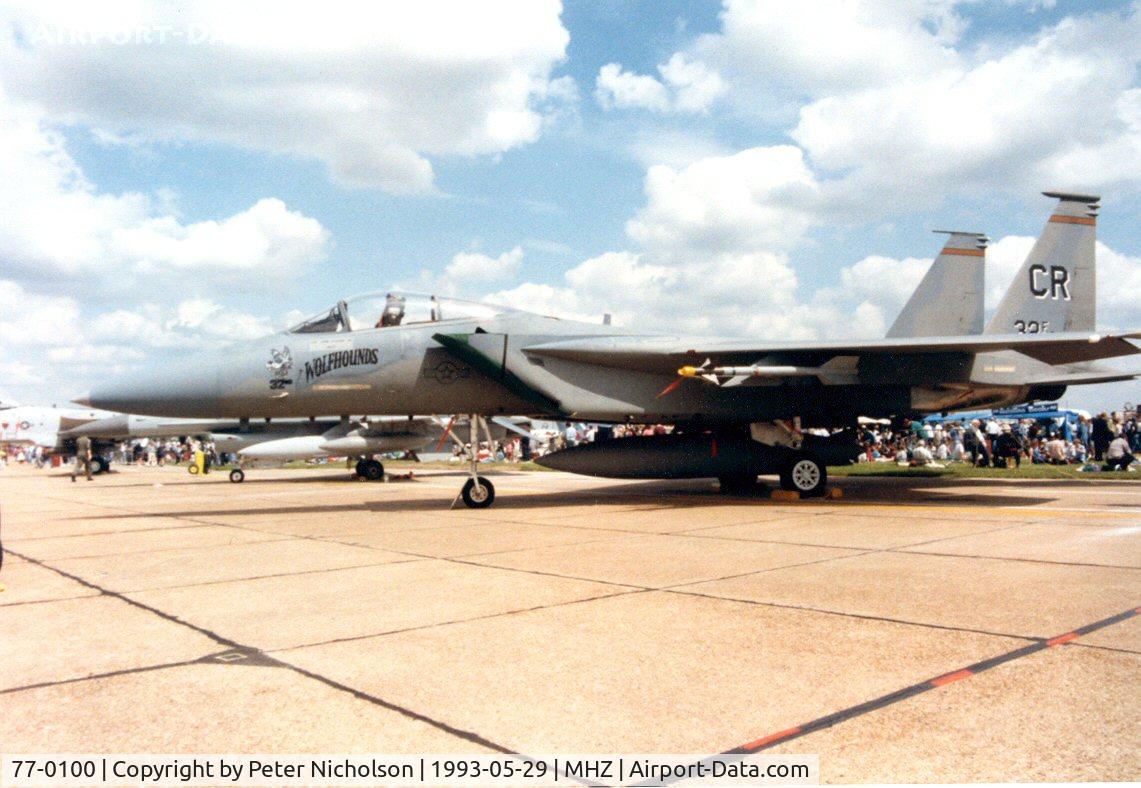 77-0100, 1977 McDonnell Douglas F-15A Eagle C/N 0383/A312, F-15A Eagle of 32nd Fighter Squadron at Soesterberg AB on display at the 1993 Mildenhall Air Fete.