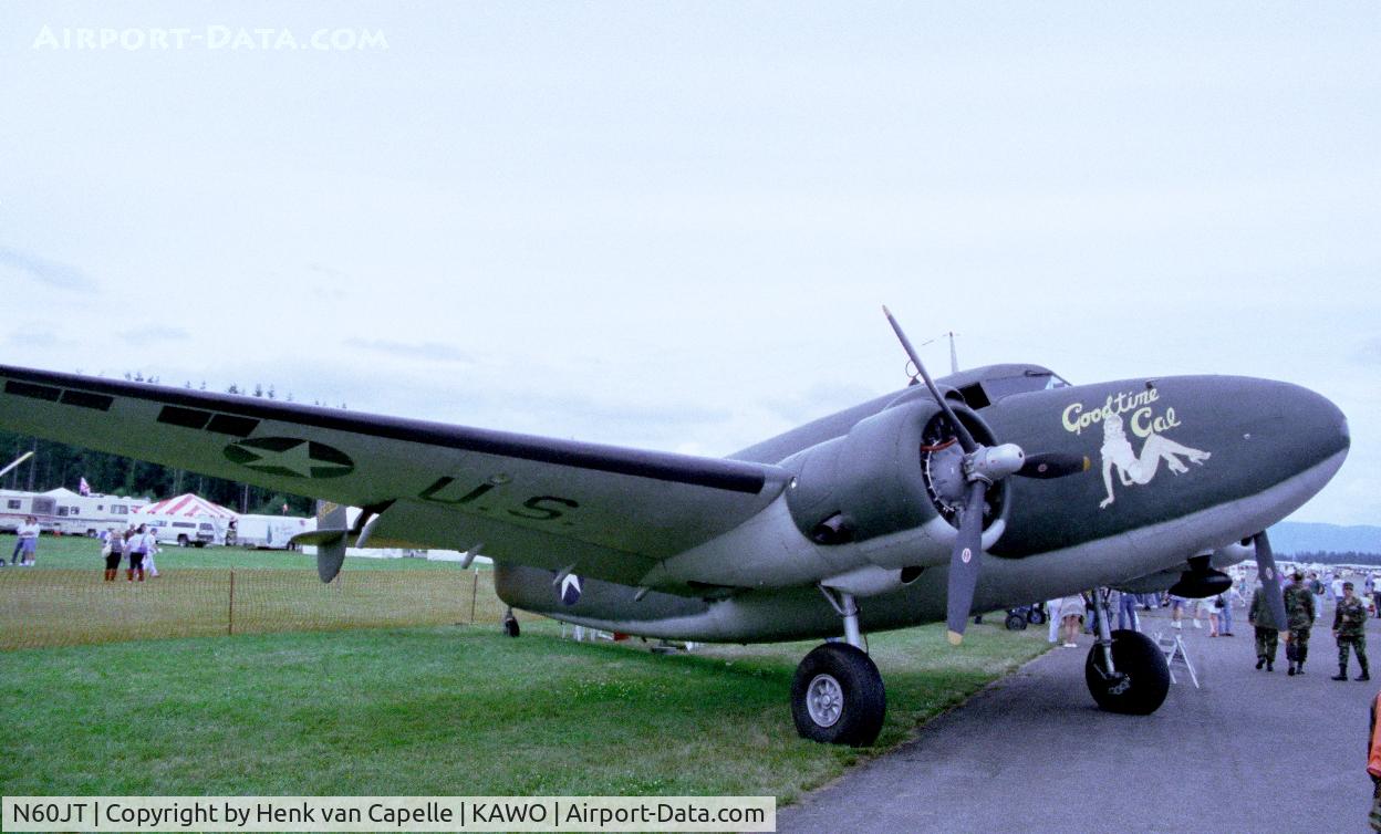 N60JT, 1943 Lockheed C-60A Lodestar C/N 2478, Lockheed Learstar, a lodestar with improved performance, converted by Learcraft Conversions of Bill Lear, at Arlington airfield, WA. Flown by Commemorative Air Force. Summer 1997.