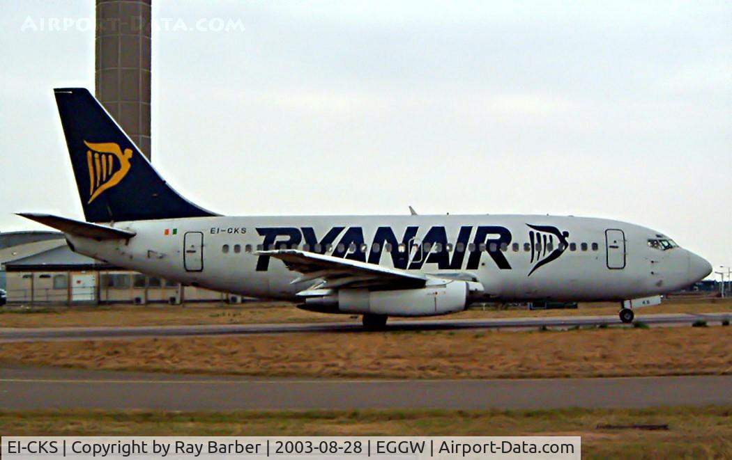 EI-CKS, 1980 Boeing 737-2T5 C/N 22023, Boeing 737-2T5 [22023] (Ryanair) Luton~G 28/08/2003. Ryanair B737 seen taxiing out for departure at Luton. This was broken up at Prestwick 02-2005.