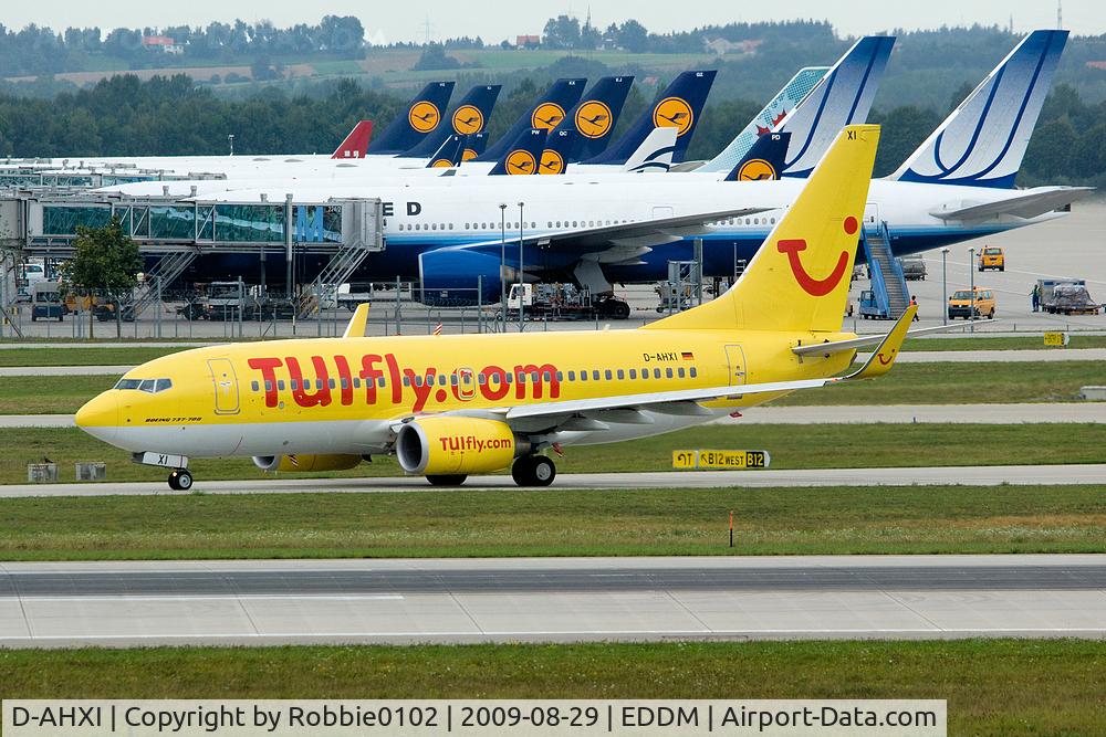 D-AHXI, 2008 Boeing 737-7K5 C/N 35141, yellow bird in front of the mostly white and blue SA-planes