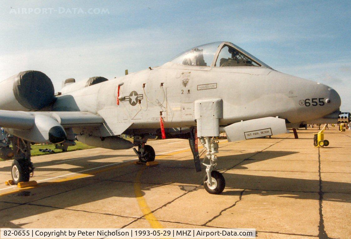 82-0655, 1982 Fairchild Republic A-10A Thunderbolt II C/N A10-0703, A-10A Thunderbolt of 510th Fighter Squadron/52nd Fighter Wing at Spangdahlem on display at the 1993 Mildenhall Air Fete.