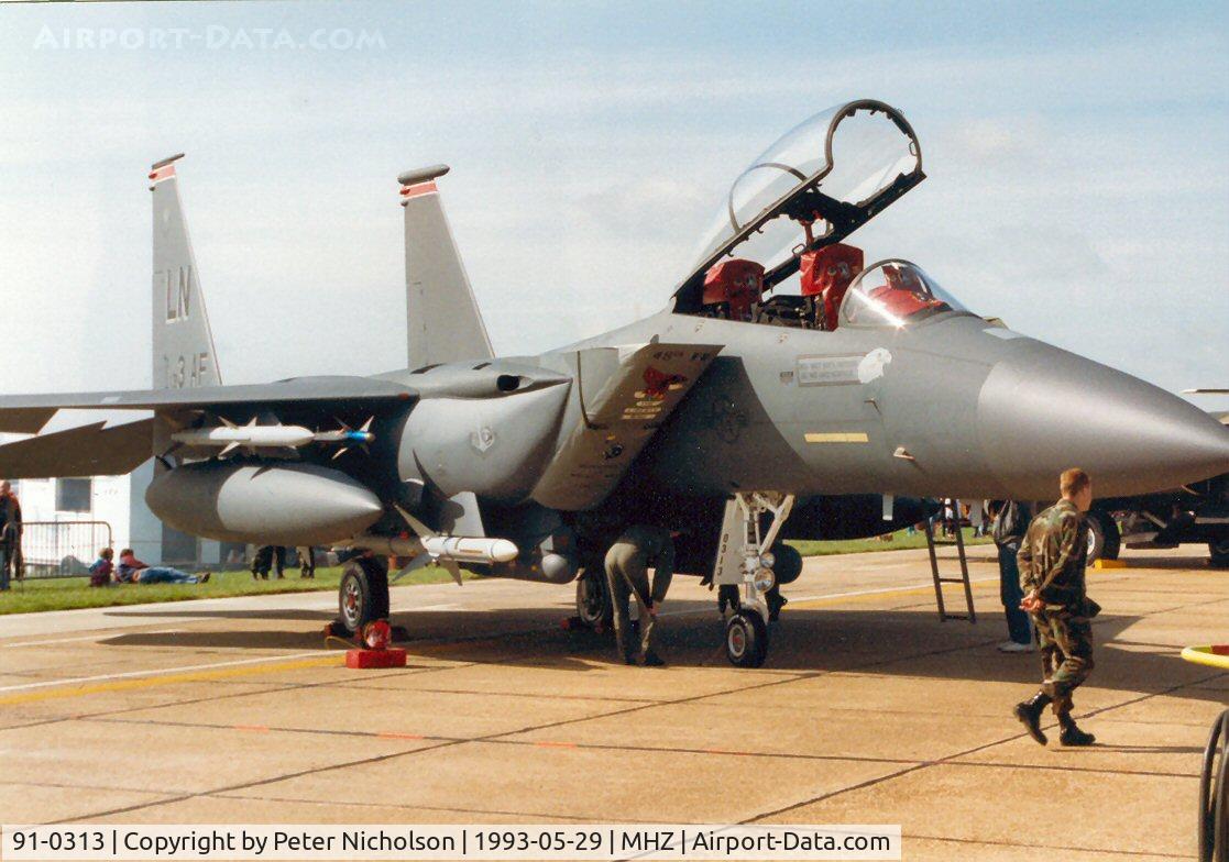 91-0313, 1991 McDonnell Douglas F-15E Strike Eagle C/N 1220/E178, F-15E Eagle of 48th Fighter Wing with 3rd Air Force tail markings on display at the 1993 Mildenhall Air Fete.