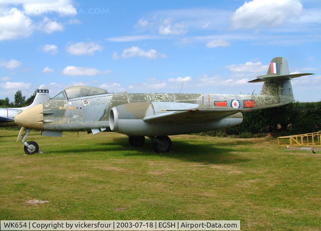 WK654, 1952 Gloster Meteor F.8 C/N Not found WK654, City of Norwich Aviation Museum. Being prepared for respray, but still showing evidence of its previous 247 Squadron markings.