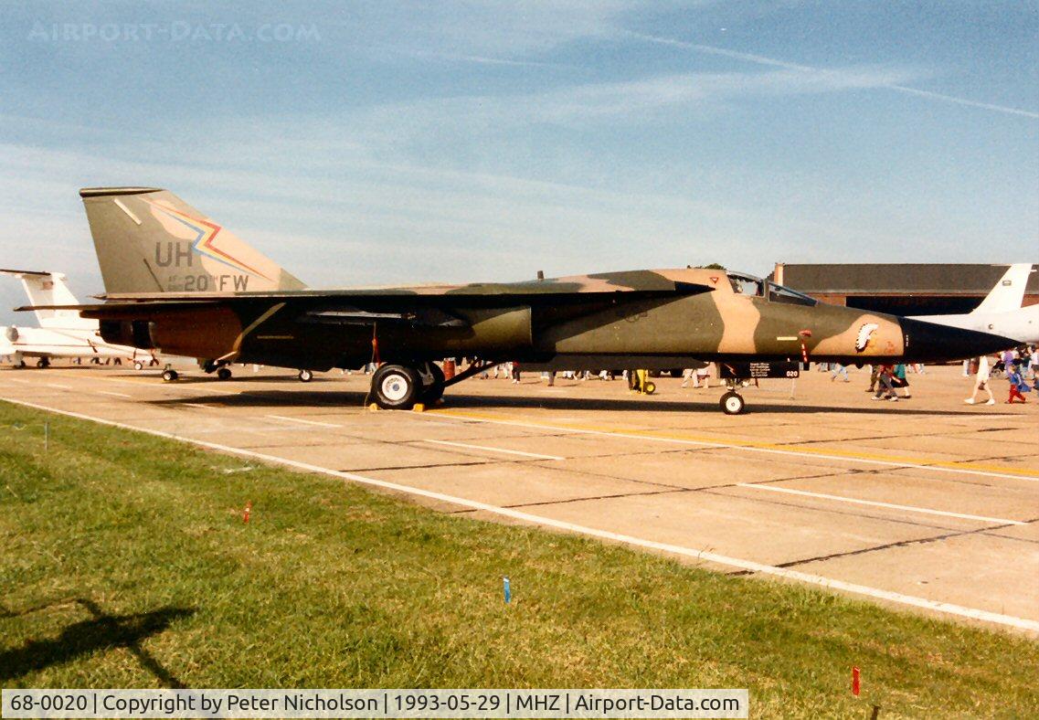 68-0020, 1968 General Dynamics F-111E Aardvark C/N A1-189/E-30, F-111E named The Chief with special markings for the Commanding Officer of 20th Fighter Wing at RAF Upper Heyford on display at the 1993 RAF Mildenhall Air Fete.