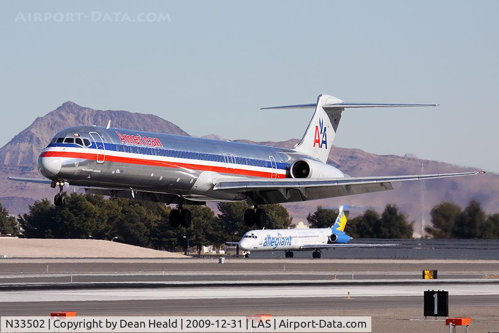 N33502, 1989 McDonnell Douglas MD-82 (DC-9-82) C/N 49739, American Airlines N33502 (FLT AAL1871) from Dallas/Fort Worth Int'l (KDFW) landing RWY 25L with an Allegiant 