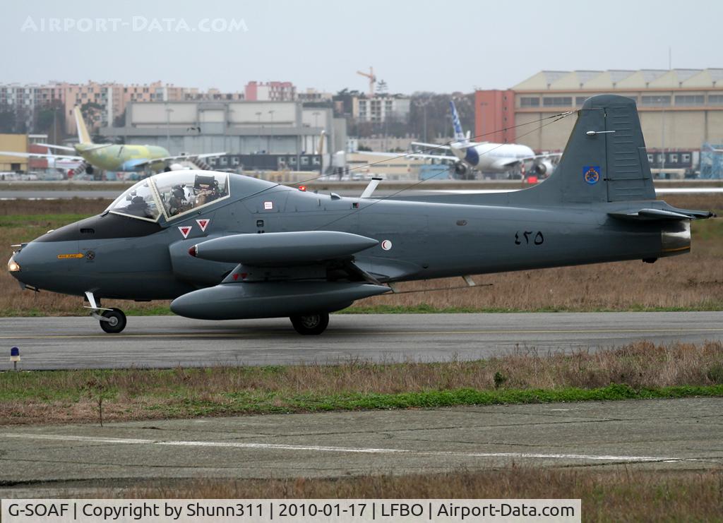 G-SOAF, 1986 BAC 167 Strikemaster Mk.82A C/N 425, Taxiing holding point rwy 32L after fuel stop...