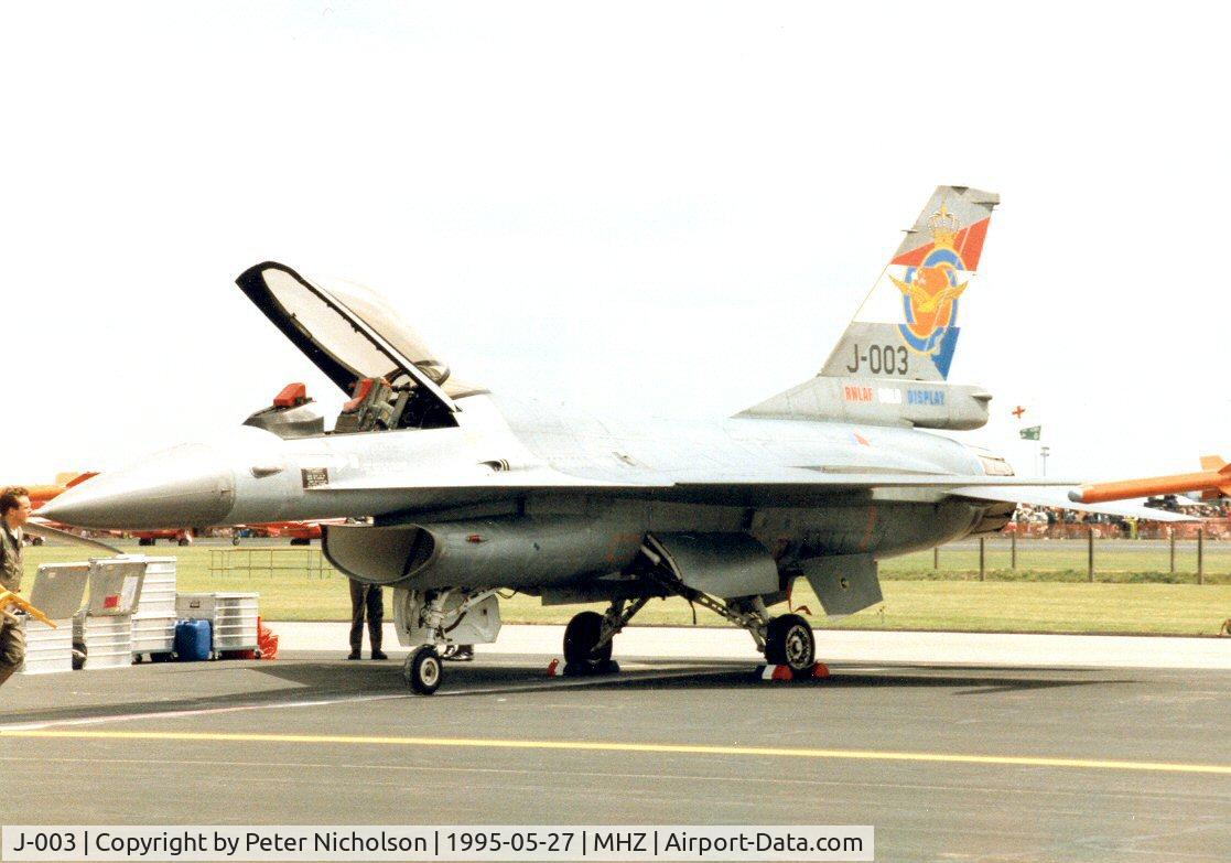 J-003, Fokker F-16AM Fighting Falcon C/N 6D-159, F-16A Falcon of 306 Squadron Royal Netherlands Air Force - the F-16 solo display aircraft for the 1995 season - on the flight-line at the 1995 Mildenhall Air Fete.