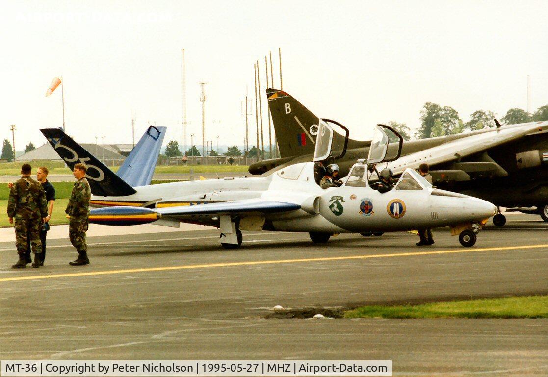 MT-36, Fouga CM-170R Magister C/N 293, CM.170R Magister with 35th anniversary tail markings of 33 Squadron Belgian Air Force on the flight-line at the 1995 Mildenhall Air Fete.