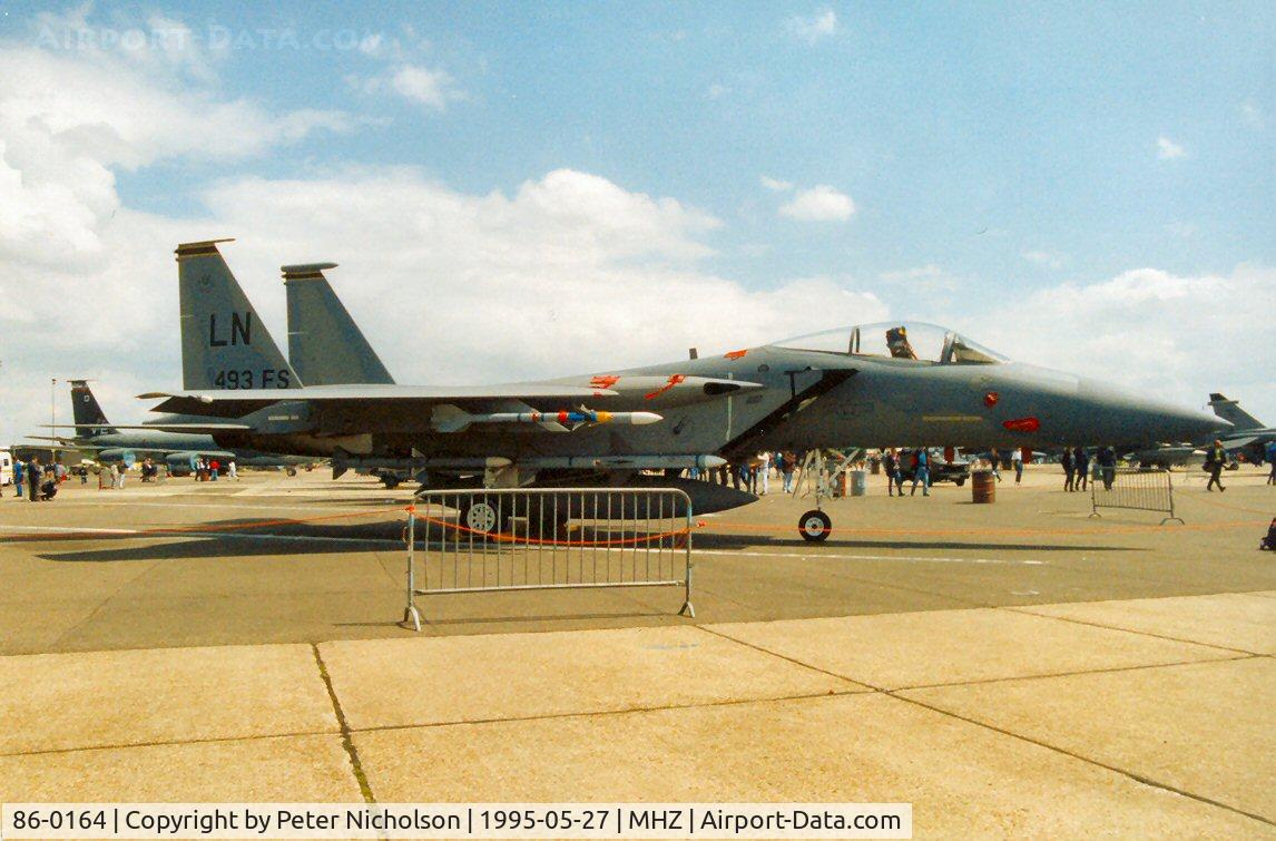 86-0164, 1986 McDonnell Douglas F-15C Eagle C/N 1011/C392, F-15C Eagle, callsign Deadly 21, of 493rd Fighter Squadron/48th Fighter Wing at RAF Lakenheath on display at the 1995 Mildenhall Air Fete.