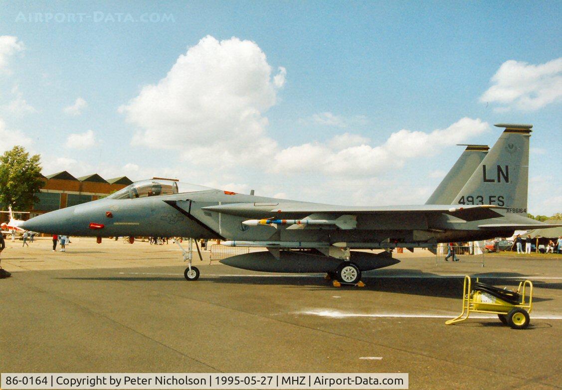 86-0164, 1986 McDonnell Douglas F-15C Eagle C/N 1011/C392, Another view of the 493rd Fighter Squadron/48th Fighter Wing F-15C Eagle, callsign Deadly 21, on display at the 1995 Mildenhall Air Fete.