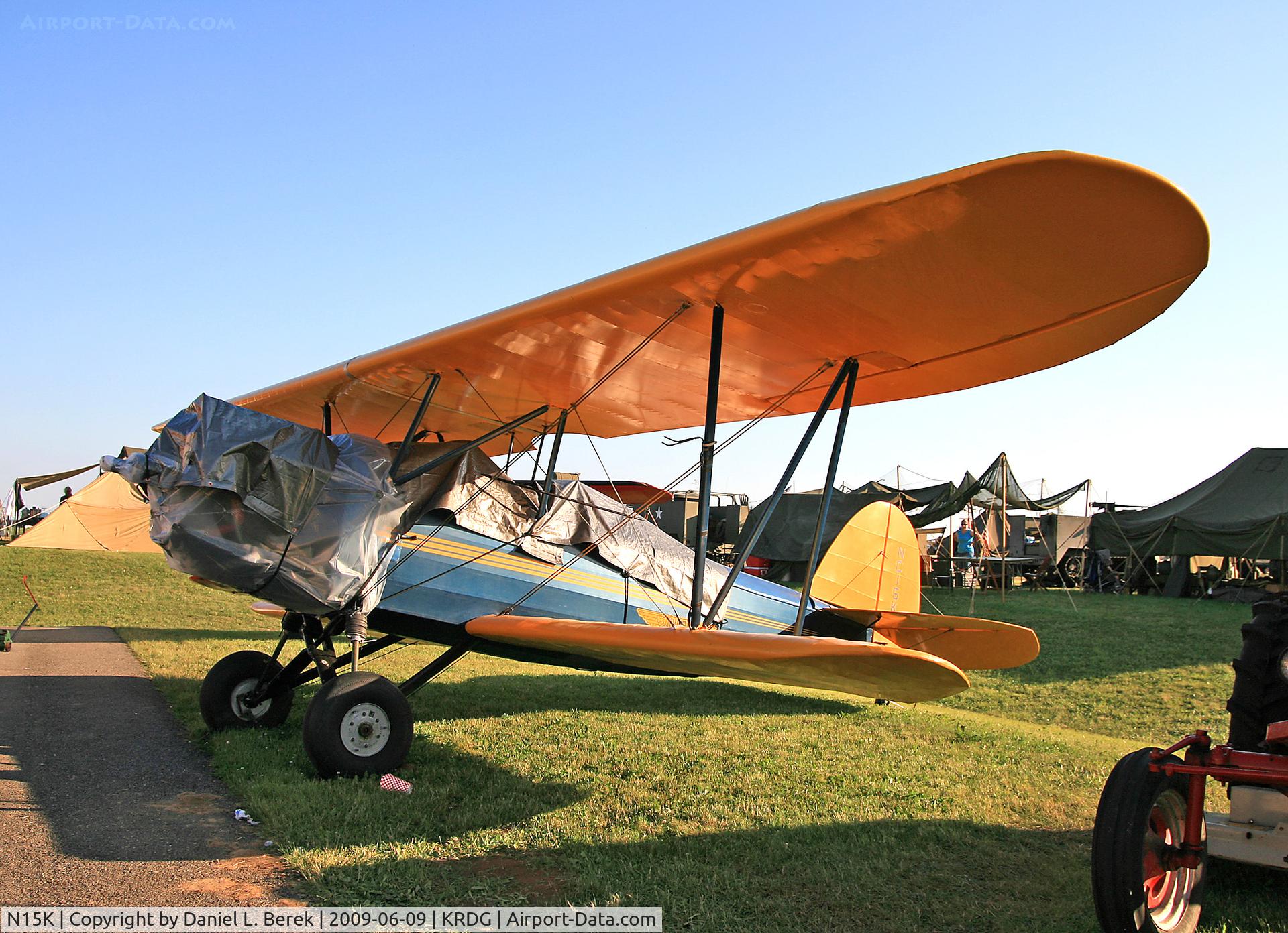 N15K, 1929 Bird A-T C/N 1062, This golden oldie at the Mid Atlantic Air Museum has been wrapped up for the night following a busy airshow day.